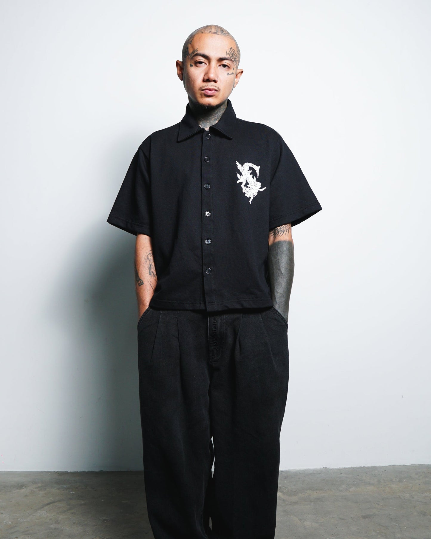 Angelic Descent Polo Boxy Crop Black French Terry