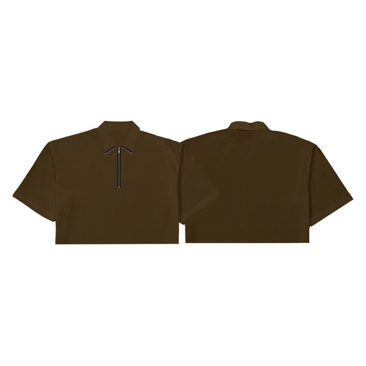 Corduroy Crop-top Quarter Zip Polo Shirt Choco Brown